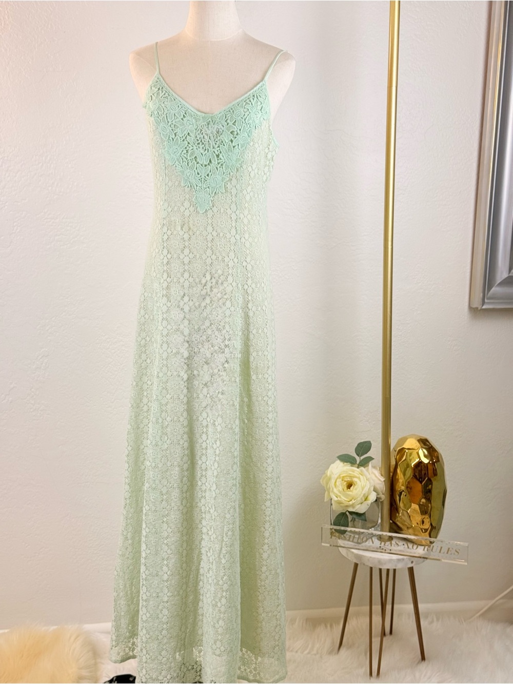 Flying Tomato Green Lace Maxi Dress Nude Lining Boho Romantic Chic Size‎ L